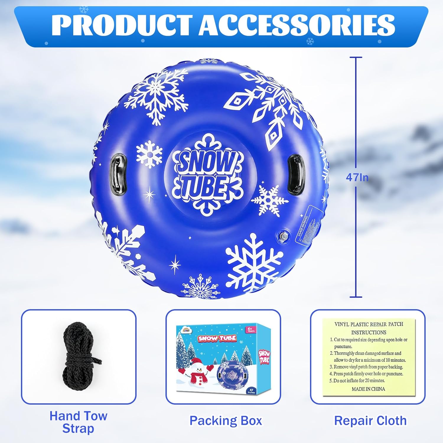 ZMLM Snow Tube, 47 Inches Inflatable Snow Sleds for Kids and Adult, Thickened Heavy Duty Hard Bottom Snow Sled with Handles Supplies Gifts Winter Sports Toys for Boys Girls Family Activities Outdoor