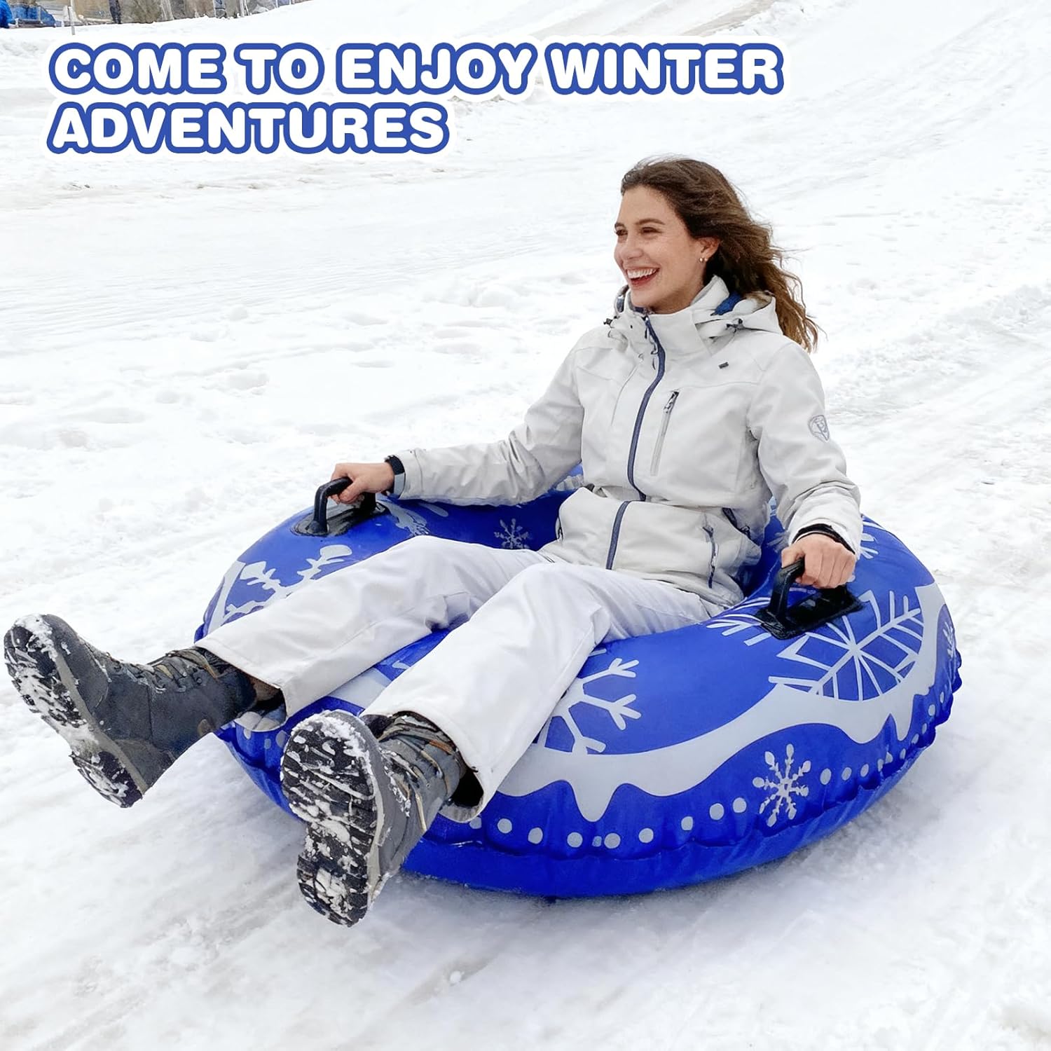 Snow Tube, 47 inch Inflatable Snow Sleds for Kids and Adults, Cold-Resistant Thickened Heavy Duty Hard Sled Snow Bottom with Handles, Winter Outdoor Sports Toys/Gifts for Boys Girls Family Activities