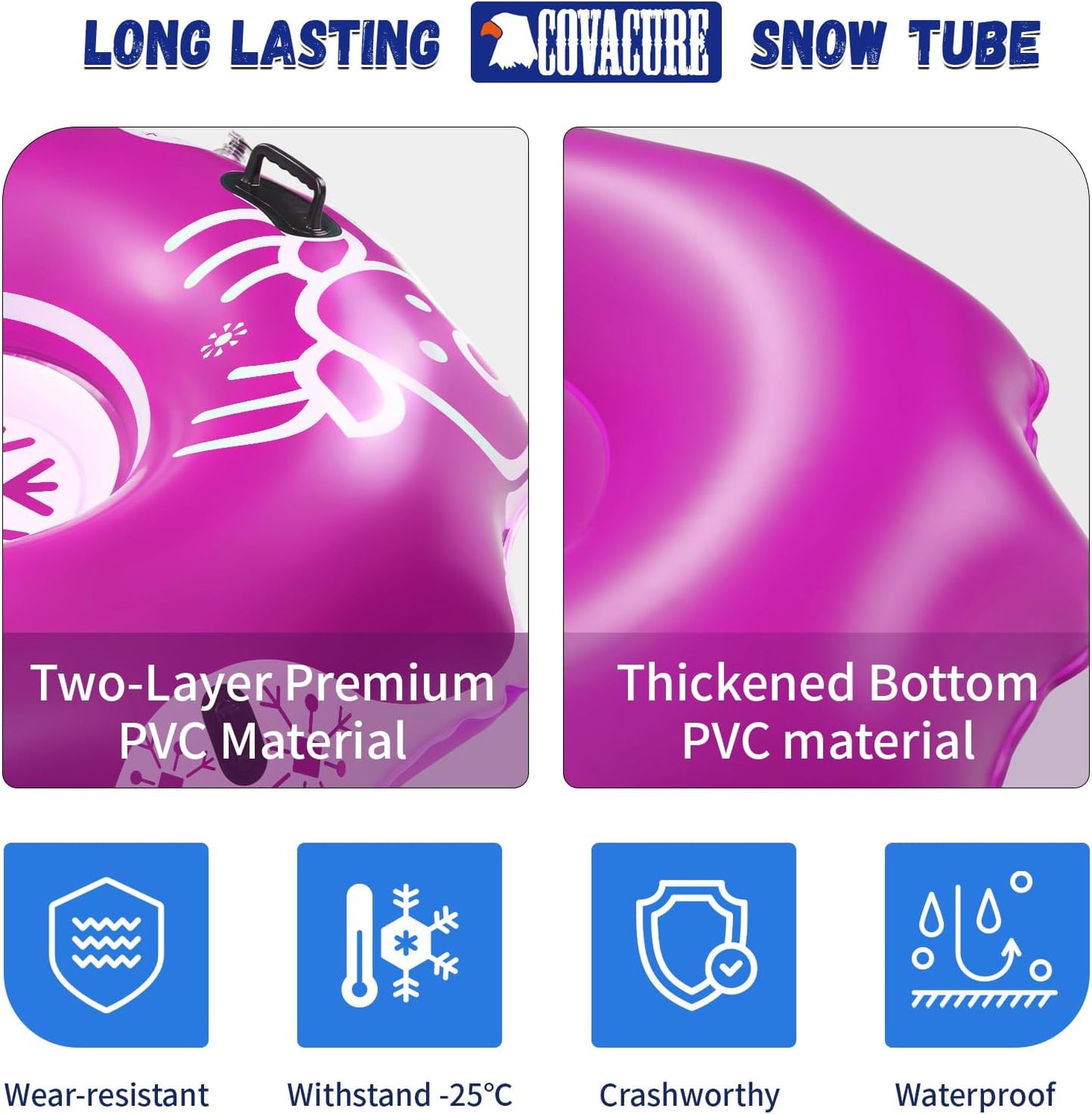 COVACURE 55" Snow Sled Extra Large Snow Tube - Thickened Inflatable Sleds for Adults, Heavy Duty Snow Tube with Reinforced Grab Handle & Rope, Snow Play Gear for Sledding and Skiing