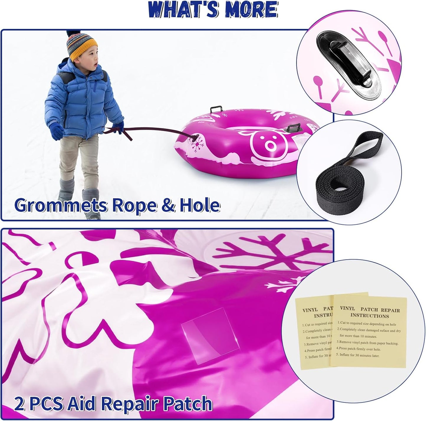 COVACURE 55" Snow Sled Extra Large Snow Tube - Thickened Inflatable Sleds for Adults, Heavy Duty Snow Tube with Reinforced Grab Handle & Rope, Snow Play Gear for Sledding and Skiing