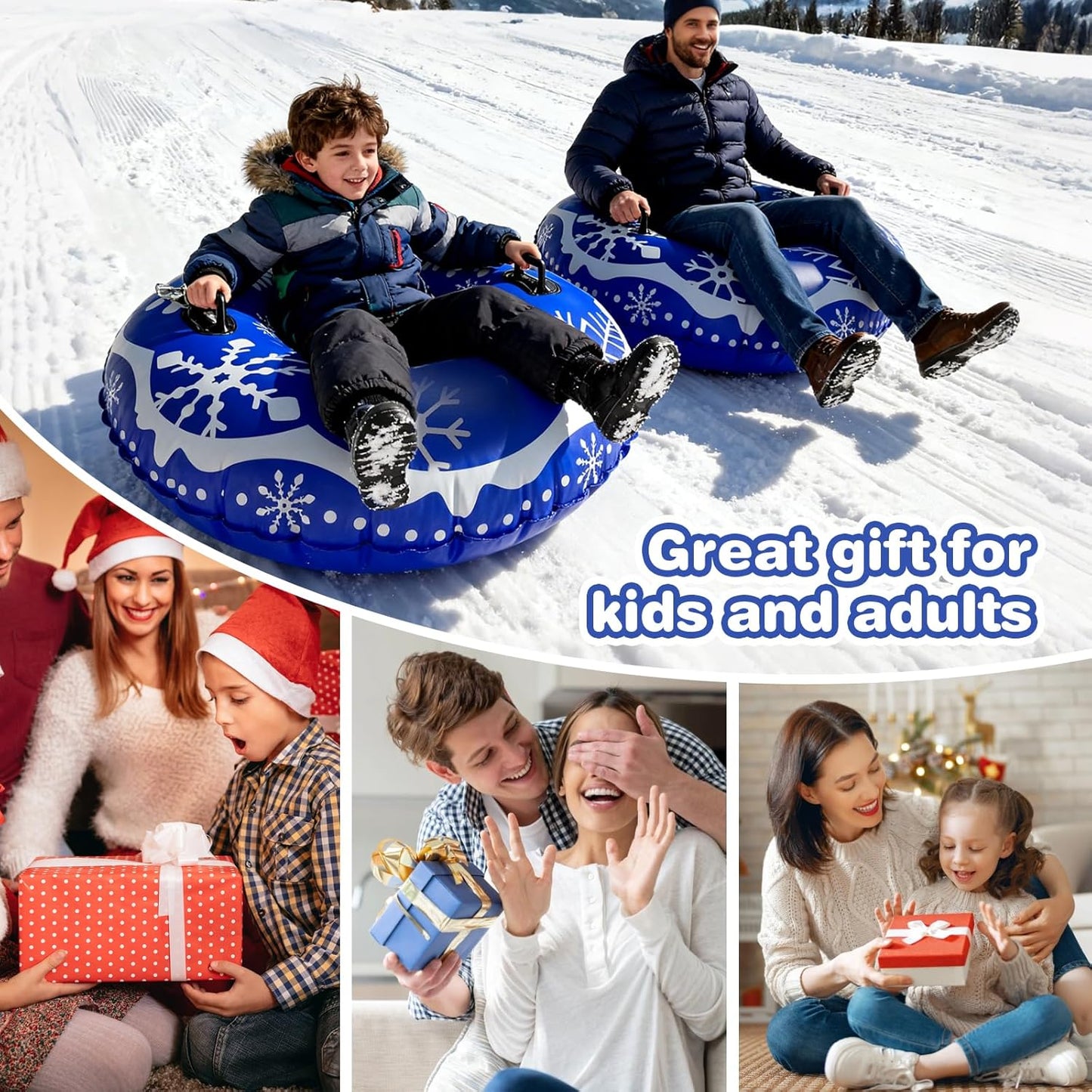 Snow Tube, 47 inch Inflatable Snow Sleds for Kids and Adults, Cold-Resistant Thickened Heavy Duty Hard Sled Snow Bottom with Handles, Winter Outdoor Sports Toys/Gifts for Boys Girls Family Activities