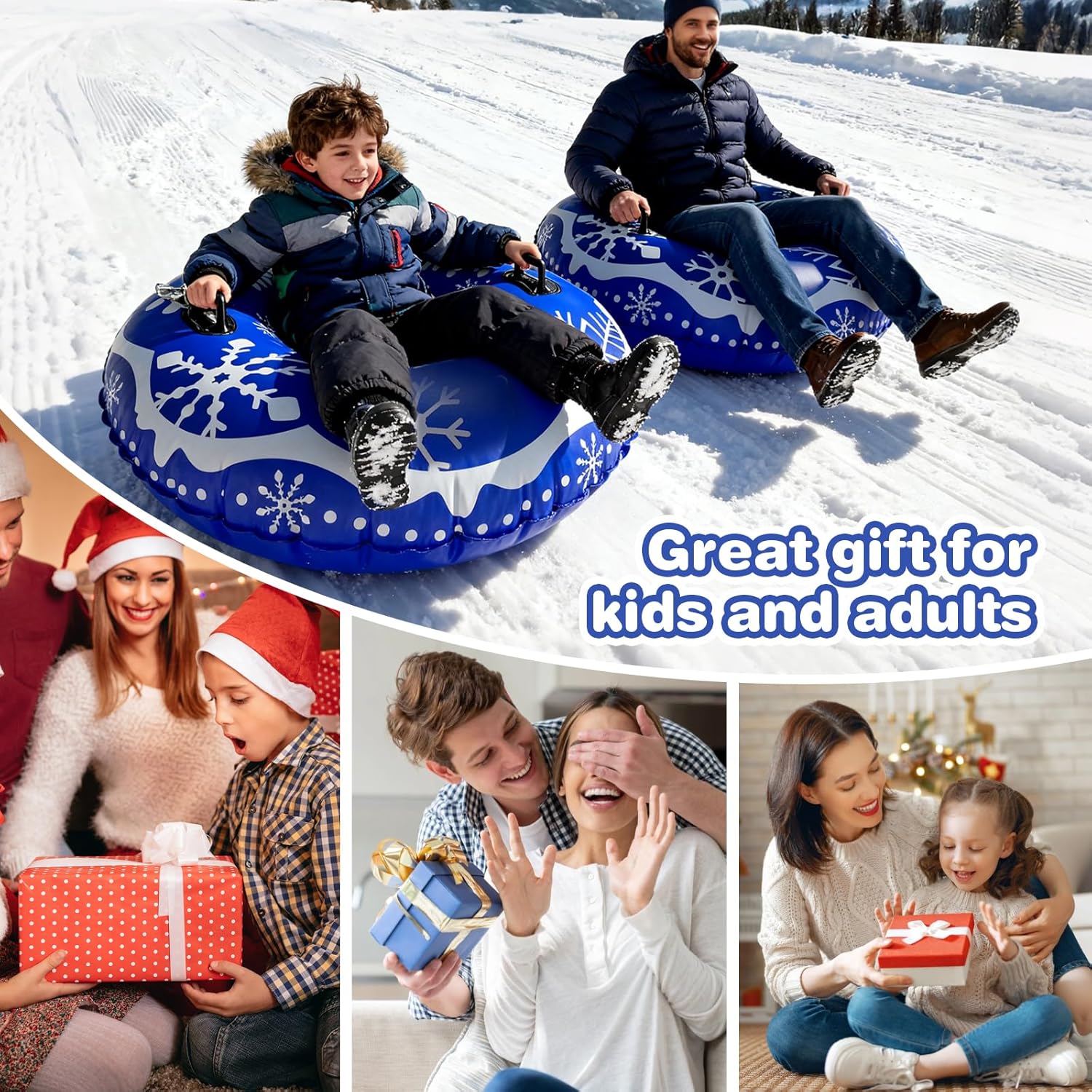 Snow Tube, 47 inch Inflatable Snow Sleds for Kids and Adults, Cold-Resistant Thickened Heavy Duty Hard Sled Snow Bottom with Handles, Winter Outdoor Sports Toys/Gifts for Boys Girls Family Activities