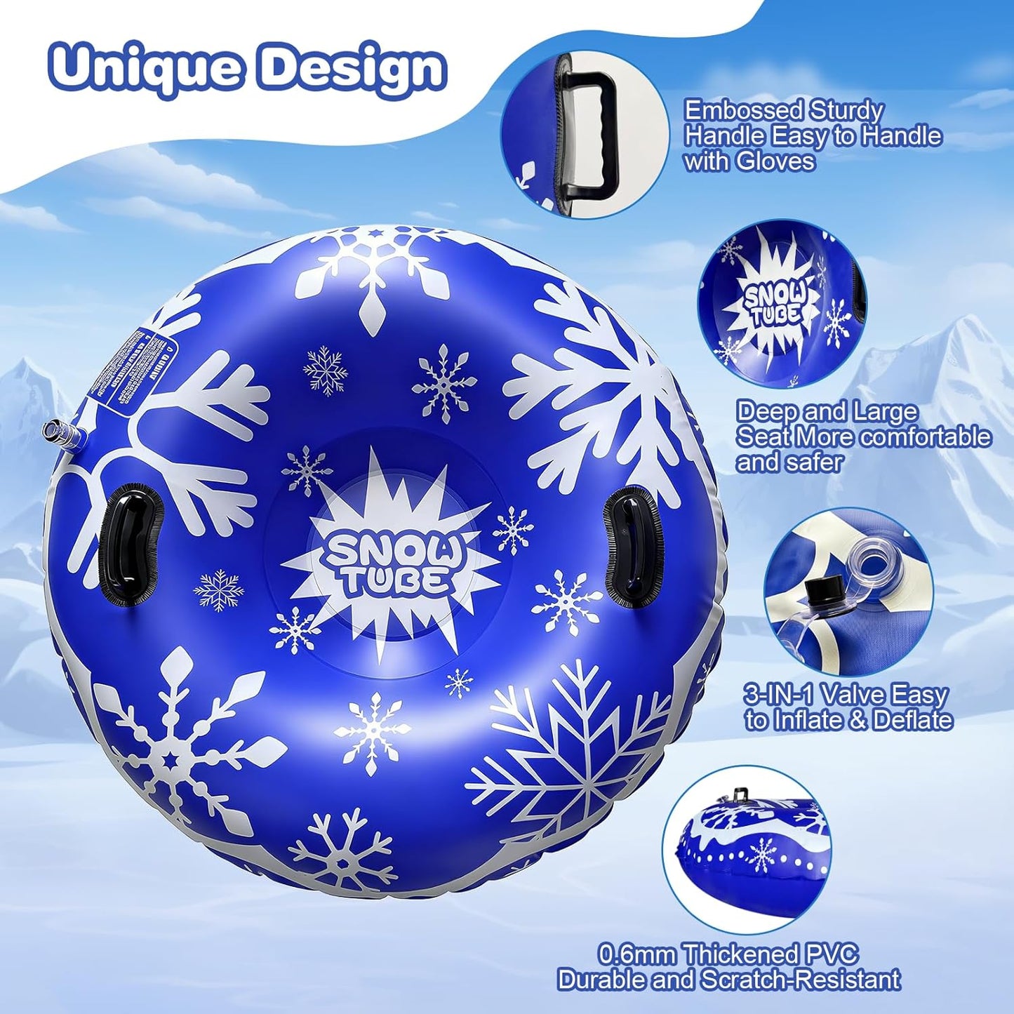 Snow Tube, 47 inch Inflatable Snow Sleds for Kids and Adults, Cold-Resistant Thickened Heavy Duty Hard Sled Snow Bottom with Handles, Winter Outdoor Sports Toys/Gifts for Boys Girls Family Activities