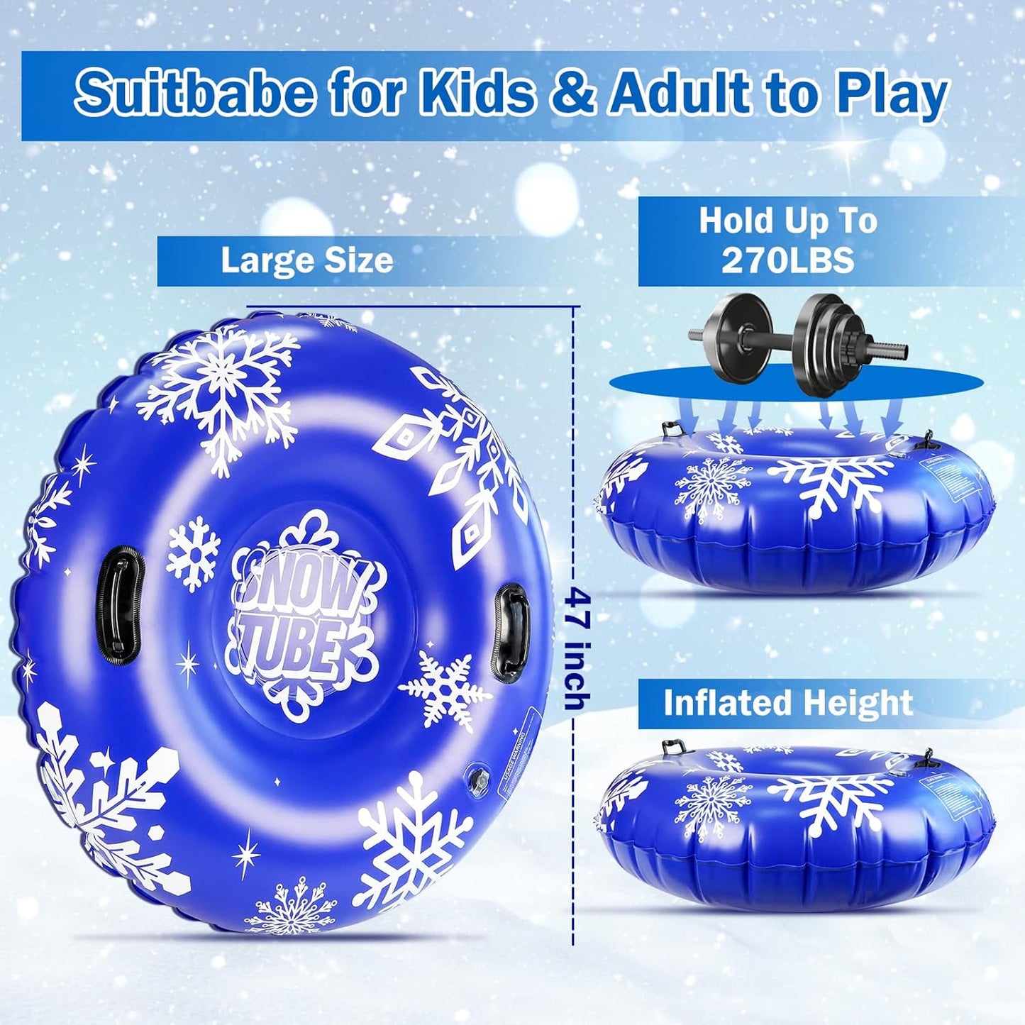 ZMLM Snow Tube, 47 Inches Inflatable Snow Sleds for Kids and Adult, Thickened Heavy Duty Hard Bottom Snow Sled with Handles Supplies Gifts Winter Sports Toys for Boys Girls Family Activities Outdoor
