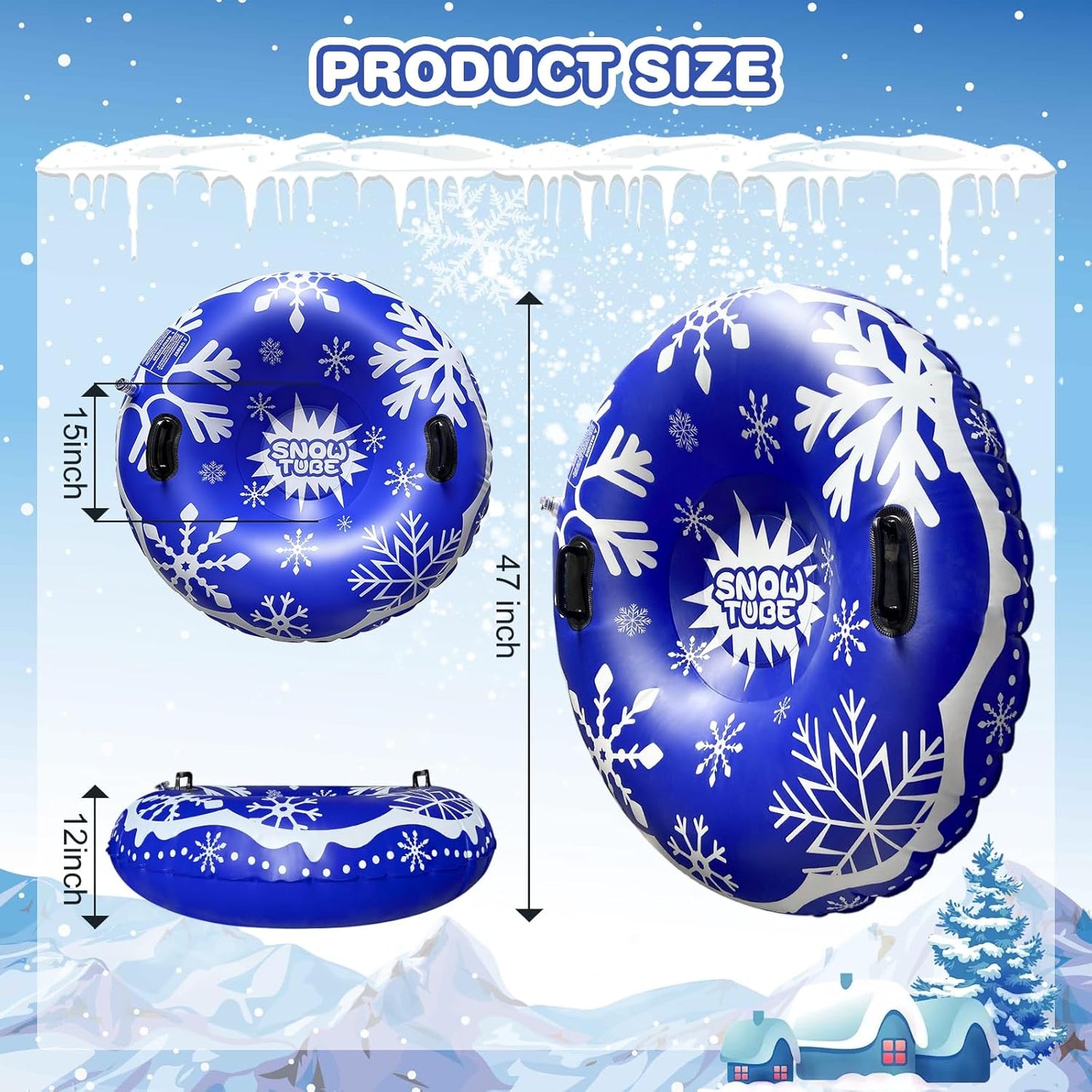 Snow Tube, 47 inch Inflatable Snow Sleds for Kids and Adults, Cold-Resistant Thickened Heavy Duty Hard Sled Snow Bottom with Handles, Winter Outdoor Sports Toys/Gifts for Boys Girls Family Activities
