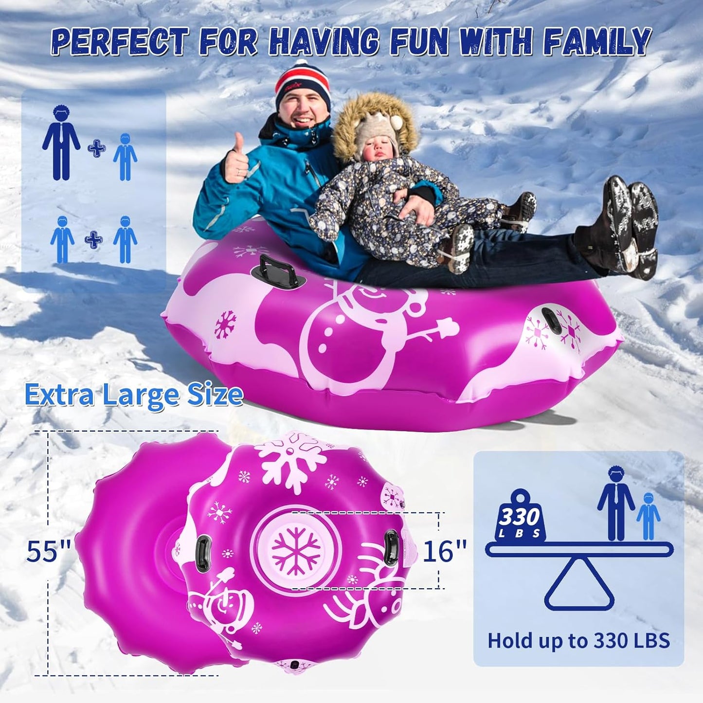 COVACURE 55" Snow Sled Extra Large Snow Tube - Thickened Inflatable Sleds for Adults, Heavy Duty Snow Tube with Reinforced Grab Handle & Rope, Snow Play Gear for Sledding and Skiing